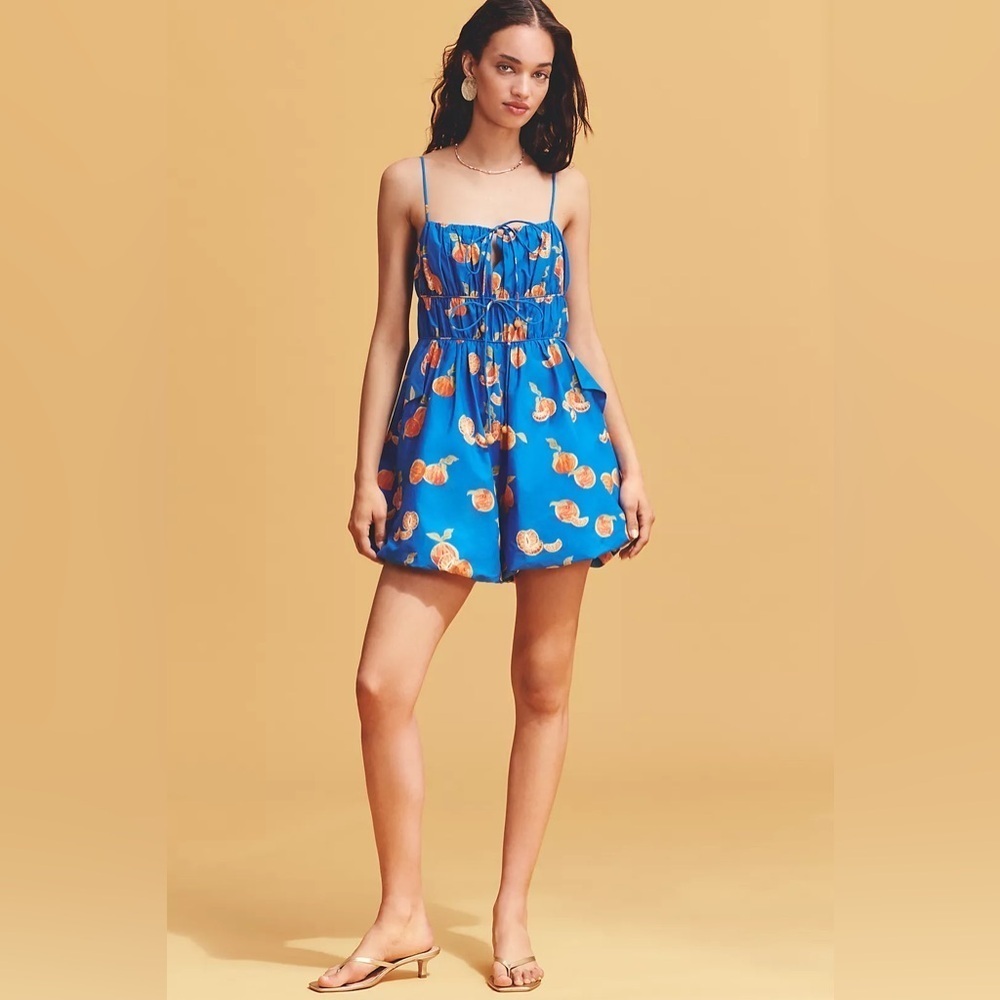 NWT! Farm Rio x Anthropologie Orange Printed Smocked Sleeveless Romper -🎬 - Picture 4 of 8
